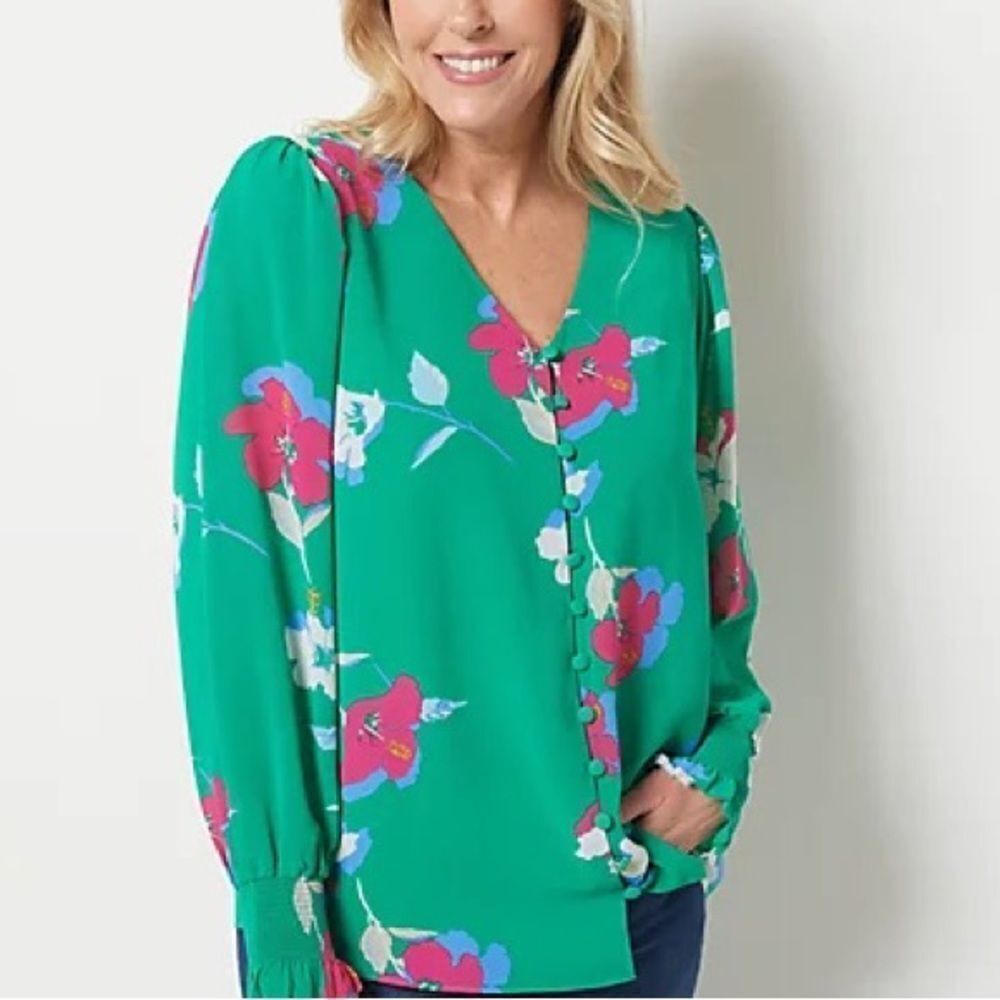 Belle by Kim Gravel Button-Front Blouse with Ruched Sleeves